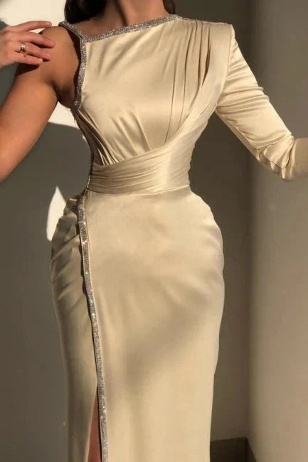 Elegant Champagne One Shoulder Long Sleeve Sheath Prom Dresses with Sequins simple gentle atmospheric and unique desi Bring summer colors to enhance whiteness by YiHuiw