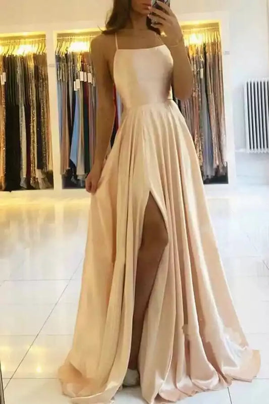 Elegant Champagne Satin A-Line Dress with Square Neck & Lace-Up Back