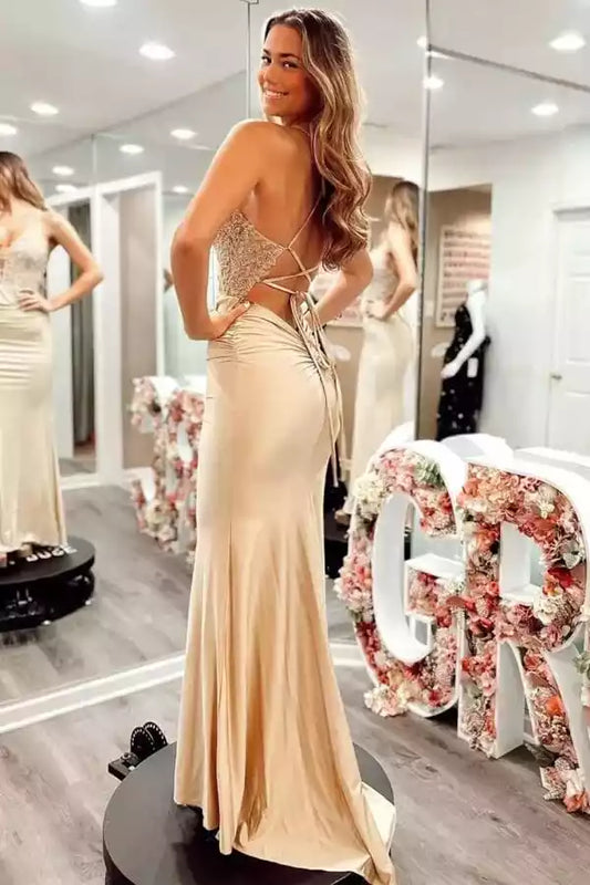 Elegant Champagne Satin Mermaid Dress with Lace Bodice & Lace-Up Back