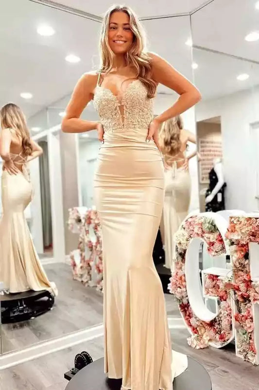 Elegant Champagne Satin Mermaid Dress with Lace Bodice & Lace-Up Back