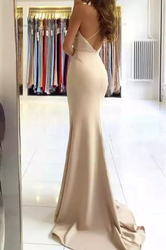 Elegant Champagne Satin Mermaid Dress with Plunge V-Neck & Open Back