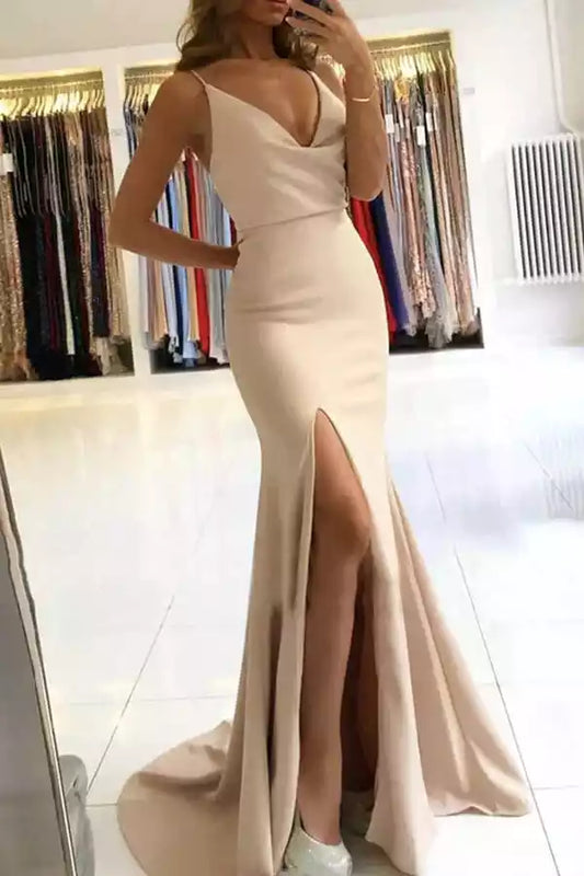 Elegant Champagne Satin Mermaid Dress with Plunge V-Neck & Open Back