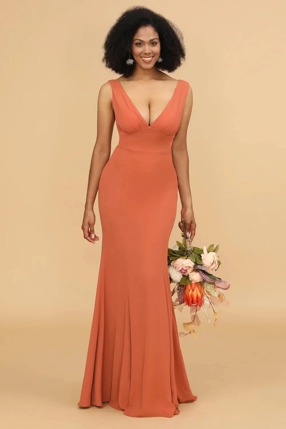 Elegant Chic Mermaid Deep V Neck Wide Strap Open Back Bow Tie Ruched Waist Floor-Length Chiffon Evening Dress by LANQI DRESS