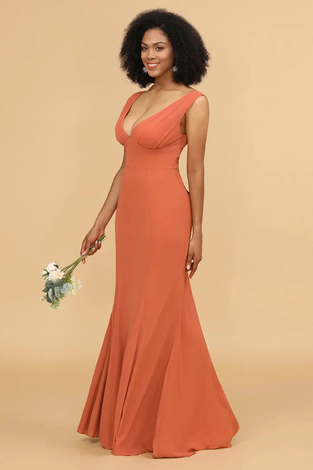 Elegant Chic Mermaid Deep V Neck Wide Strap Open Back Bow Tie Ruched Waist Floor-Length Chiffon Evening Dress by LANQI DRESS