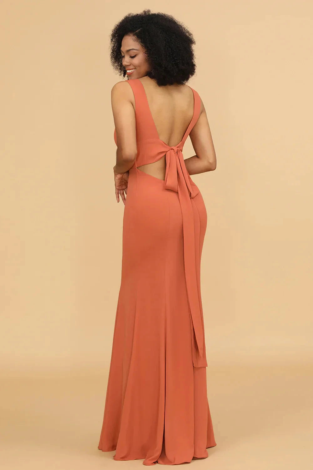 Elegant Chic Mermaid Deep V Neck Wide Strap Open Back Bow Tie Ruched Waist Floor-Length Chiffon Evening Dress by LANQI DRESS