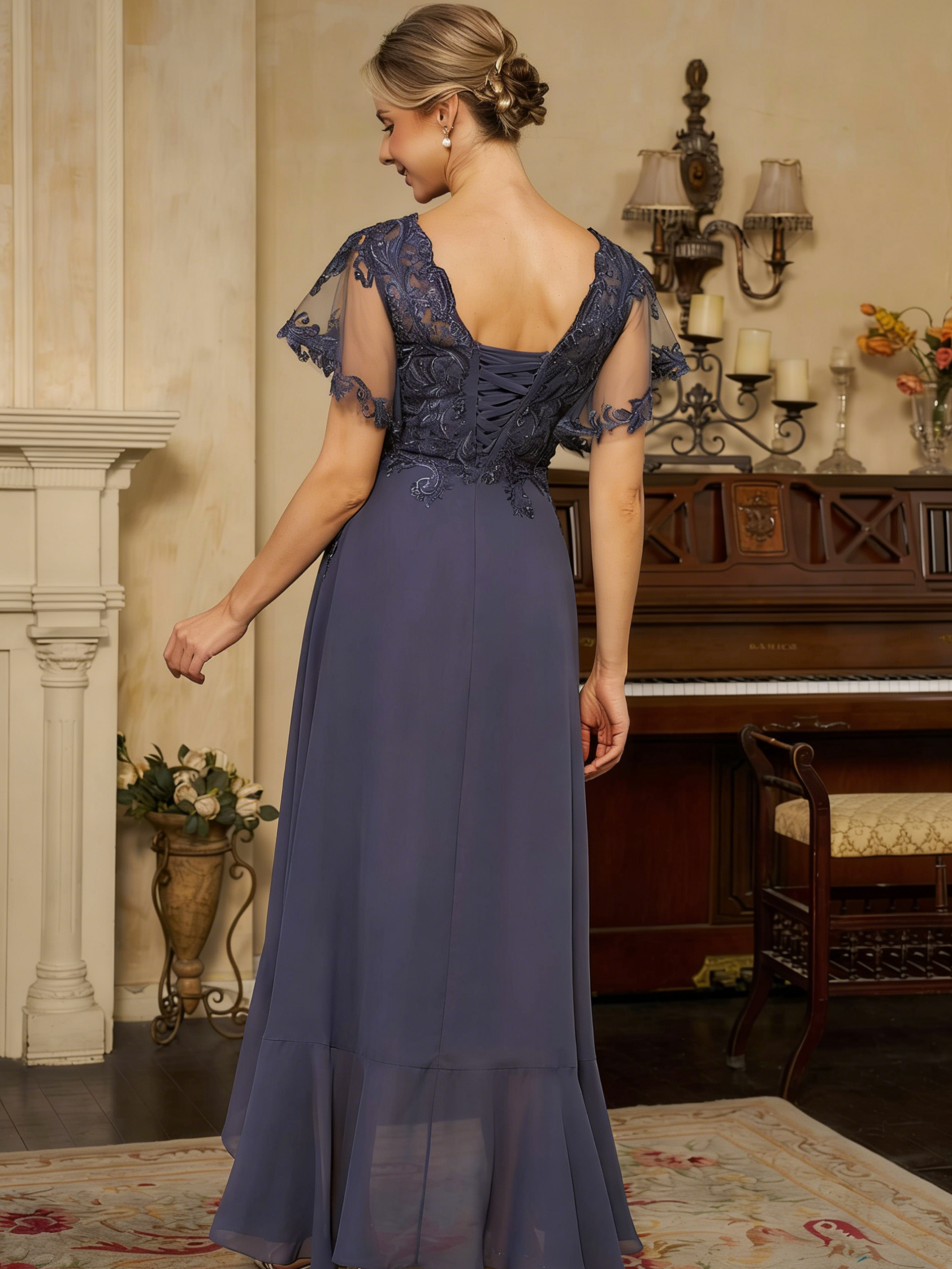 Elegant Chiffon A-Line V-Neck Lace Applique Short Sleeves Lace-Up Corset Back High-Low Hem Formal Mother of the Bride Dresses by LANQI DRESS