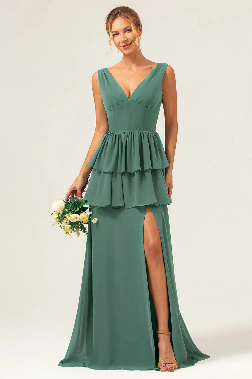 Elegant Chiffon A-Line V-Neck Sleeveless Zipper Back Floor-Length Evening Dress by LANQI DRESS