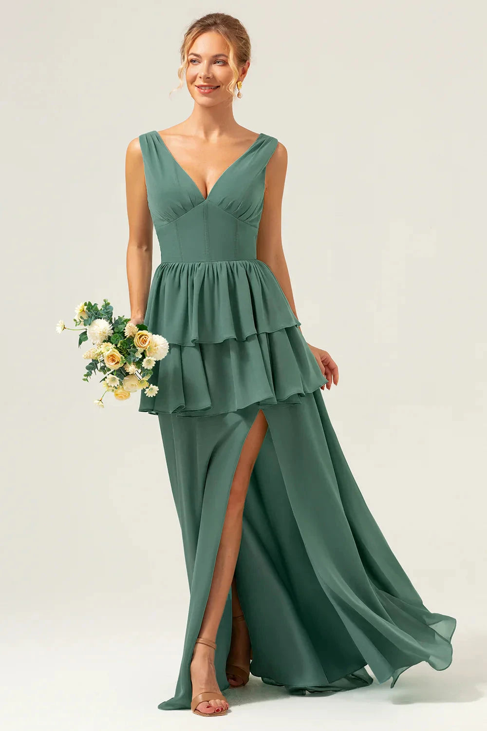 Elegant Chiffon A-Line V-Neck Sleeveless Zipper Back Floor-Length Evening Dress by LANQI DRESS