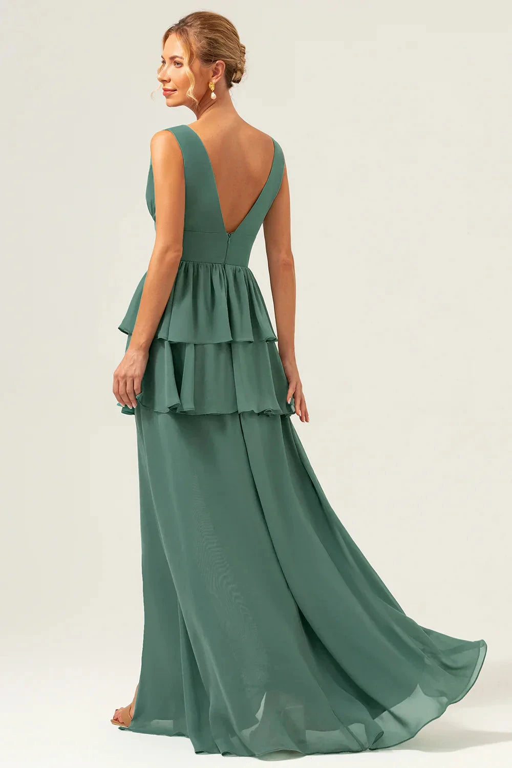 Elegant Chiffon A-Line V-Neck Sleeveless Zipper Back Floor-Length Evening Dress by LANQI DRESS