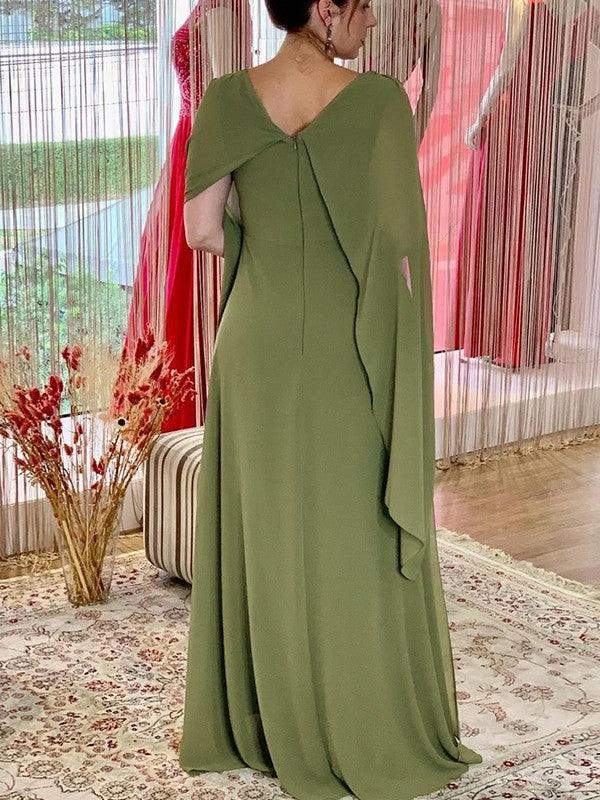 Elegant Chiffon Sheath Column Cowl Neck Cape Sleeve Zipper Back Floor-Length Maxi Formal Mother of the Bride Dresses by LANQI DRESS