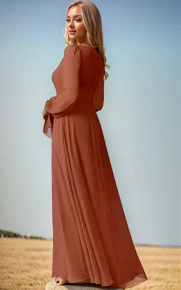 A-Line Square Neck Chiffon Long Sleeve Zipper Back Floor-Length Wedding Gown - Yihuiw by Yihuiw