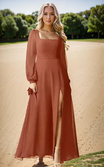 A-Line Square Neck Chiffon Long Sleeve Zipper Back Floor-Length Wedding Gown - Yihuiw by Yihuiw