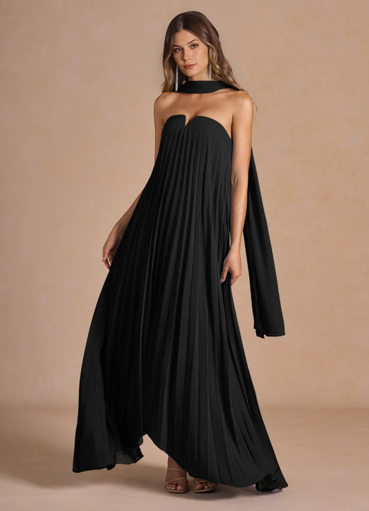 Elegant Chiffon Strapless V-Wire Neck Pleated Floor-Length Evening Dress with Detachable Scarf