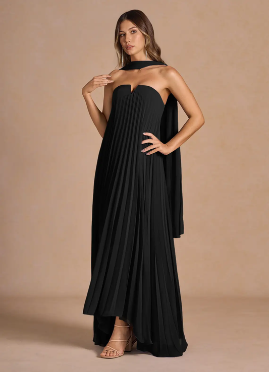 Elegant Chiffon Strapless V-Wire Neck Pleated Floor-Length Evening Dress with Detachable Scarf
