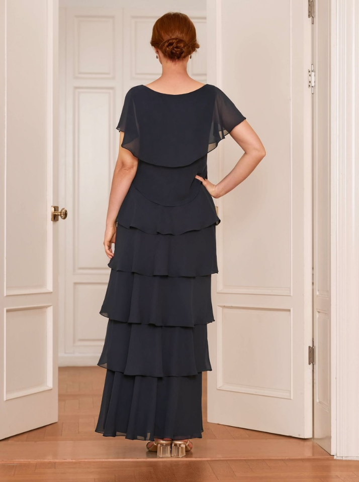 Elegant Chiffon Tiered Ruffle A-Line V-Neck Cold Shoulder Ruffle Short Sleeves Round Back Zipper Closure Floor-Length Maxi Formal Mother of the Bride Dresses by LANQI DRESS