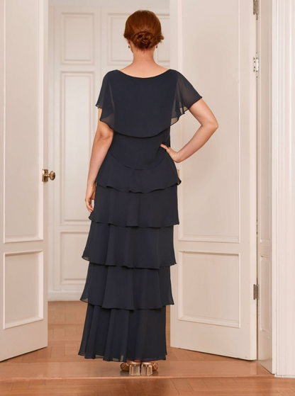Elegant Chiffon Tiered Ruffle A-Line V-Neck Cold Shoulder Ruffle Short Sleeves Round Back Zipper Closure Floor-Length Maxi Formal Mother of the Bride Dresses by LANQI DRESS