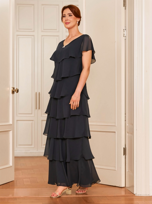 Elegant Chiffon Tiered Ruffle A-Line V-Neck Cold Shoulder Ruffle Short Sleeves Round Back Zipper Closure Floor-Length Maxi Formal Mother of the Bride Dresses by LANQI DRESS