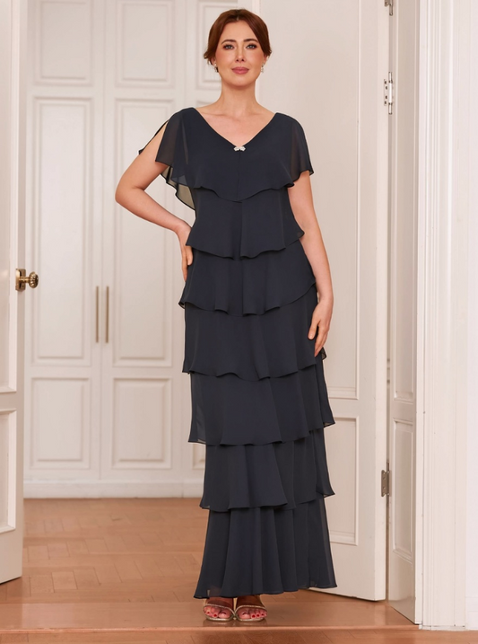 Elegant Chiffon Tiered Ruffle A-Line V-Neck Cold Shoulder Ruffle Short Sleeves Round Back Zipper Closure Floor-Length Maxi Formal Mother of the Bride Dresses by LANQI DRESS