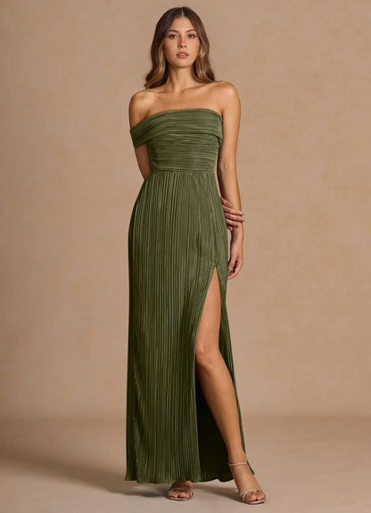 Elegante vestido de noche convertible de gasa plisada con hombros descubiertos, abertura alta y largo hasta el suelo