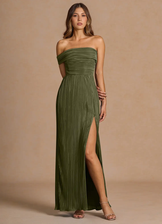 Elegant Convertible Off-Shoulder Pleated Chiffon High-Slit Floor-Length Evening Dress