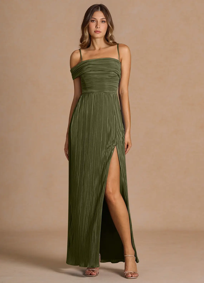 Elegante vestido de noche convertible de gasa plisada con hombros descubiertos, abertura alta y largo hasta el suelo