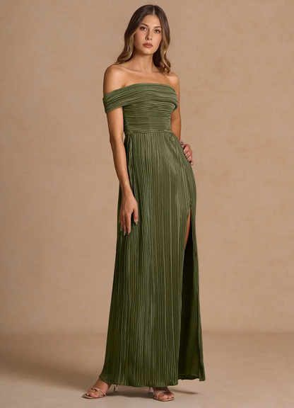 Elegante vestido de noche convertible de gasa plisada con hombros descubiertos, abertura alta y largo hasta el suelo