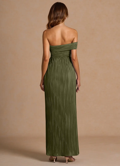 Elegante vestido de noche convertible de gasa plisada con hombros descubiertos, abertura alta y largo hasta el suelo