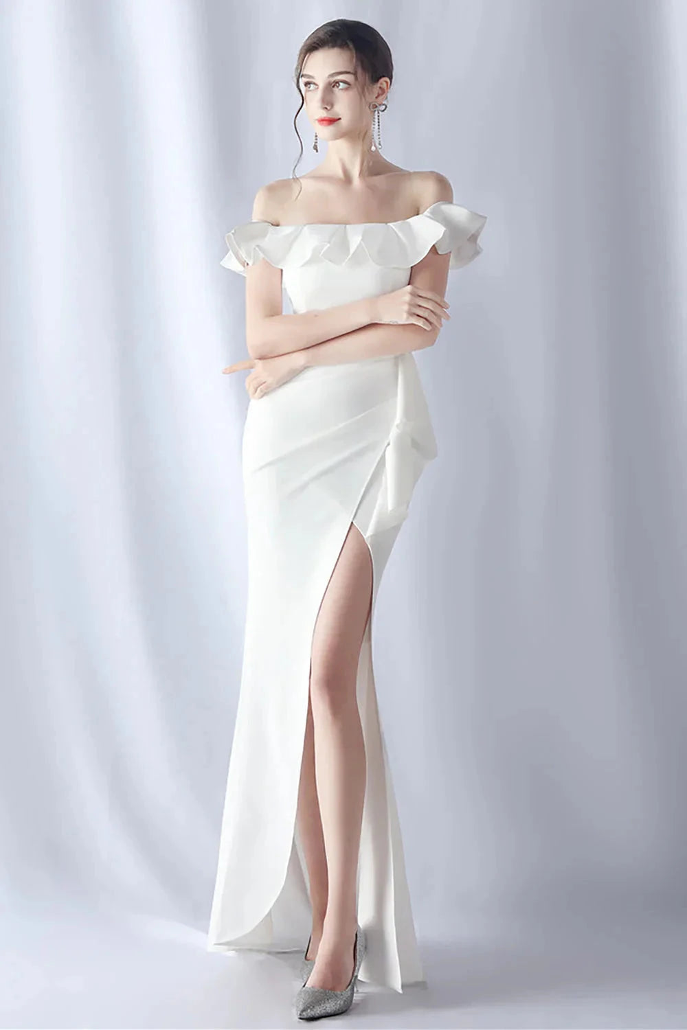 Elegant Crepe Mermaid Off-the-Shoulder Short Sleeve Zipper Back Floor-Length Evening Dress by LANQI DRESS