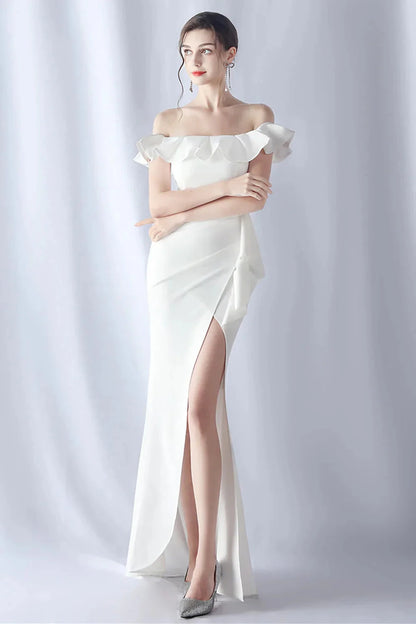 Elegant Crepe Mermaid Off-the-Shoulder Short Sleeve Zipper Back Floor-Length Evening Dress by LANQI DRESS