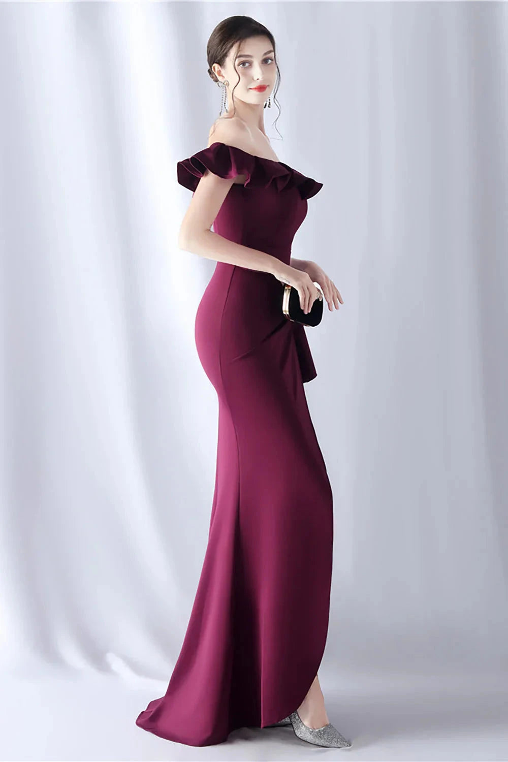 Elegant Crepe Mermaid Off-the-Shoulder Short Sleeve Zipper Back Floor-Length Evening Dress by LANQI DRESS