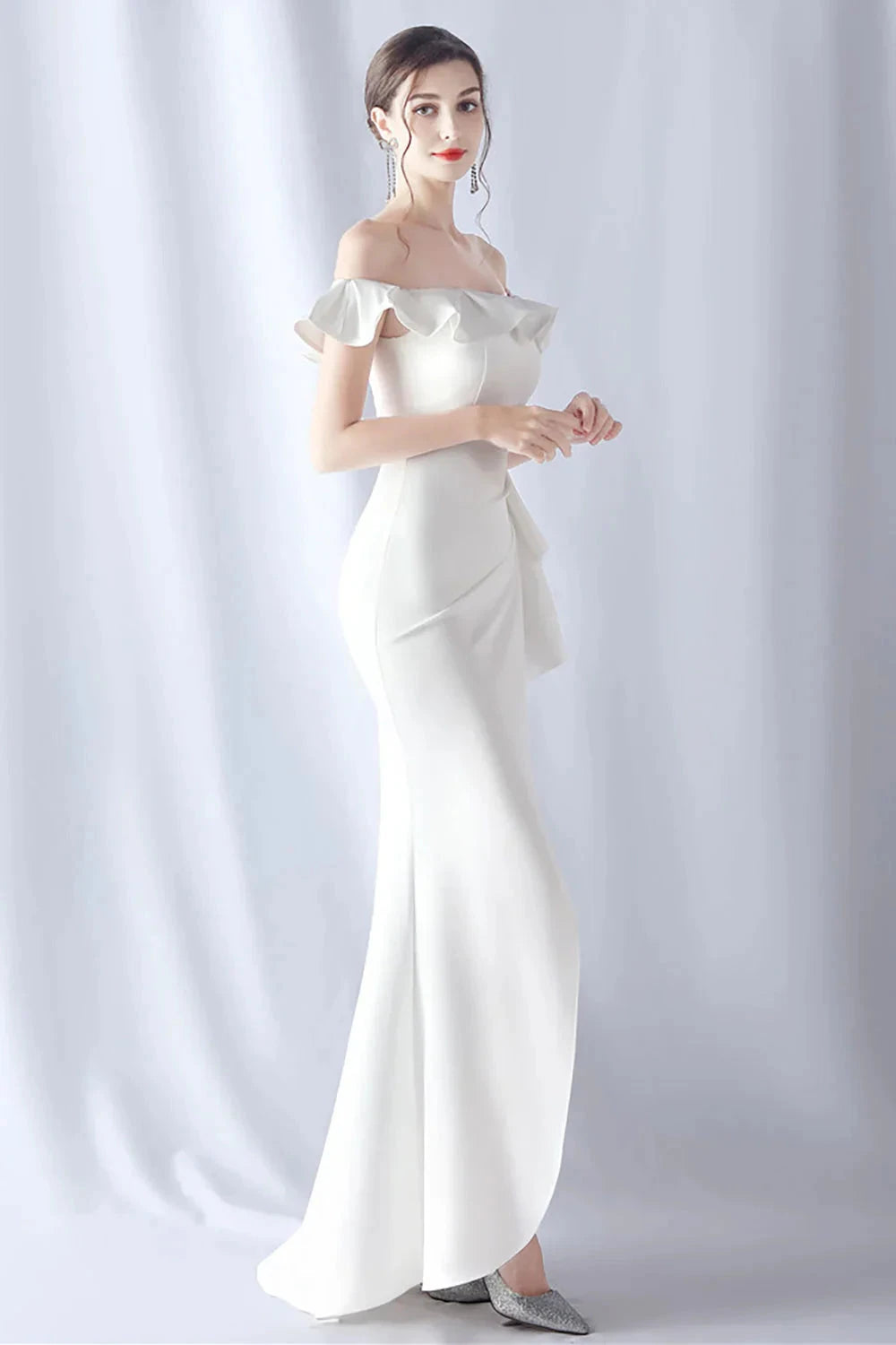 Elegant Crepe Mermaid Off-the-Shoulder Short Sleeve Zipper Back Floor-Length Evening Dress by LANQI DRESS