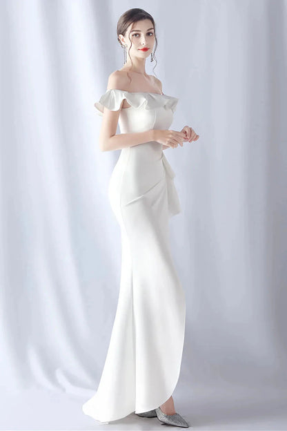 Elegant Crepe Mermaid Off-the-Shoulder Short Sleeve Zipper Back Floor-Length Evening Dress by LANQI DRESS