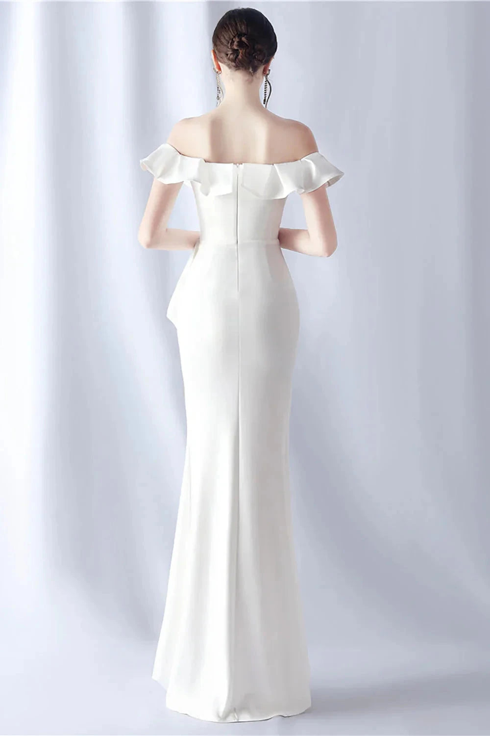 Elegant Crepe Mermaid Off-the-Shoulder Short Sleeve Zipper Back Floor-Length Evening Dress by LANQI DRESS