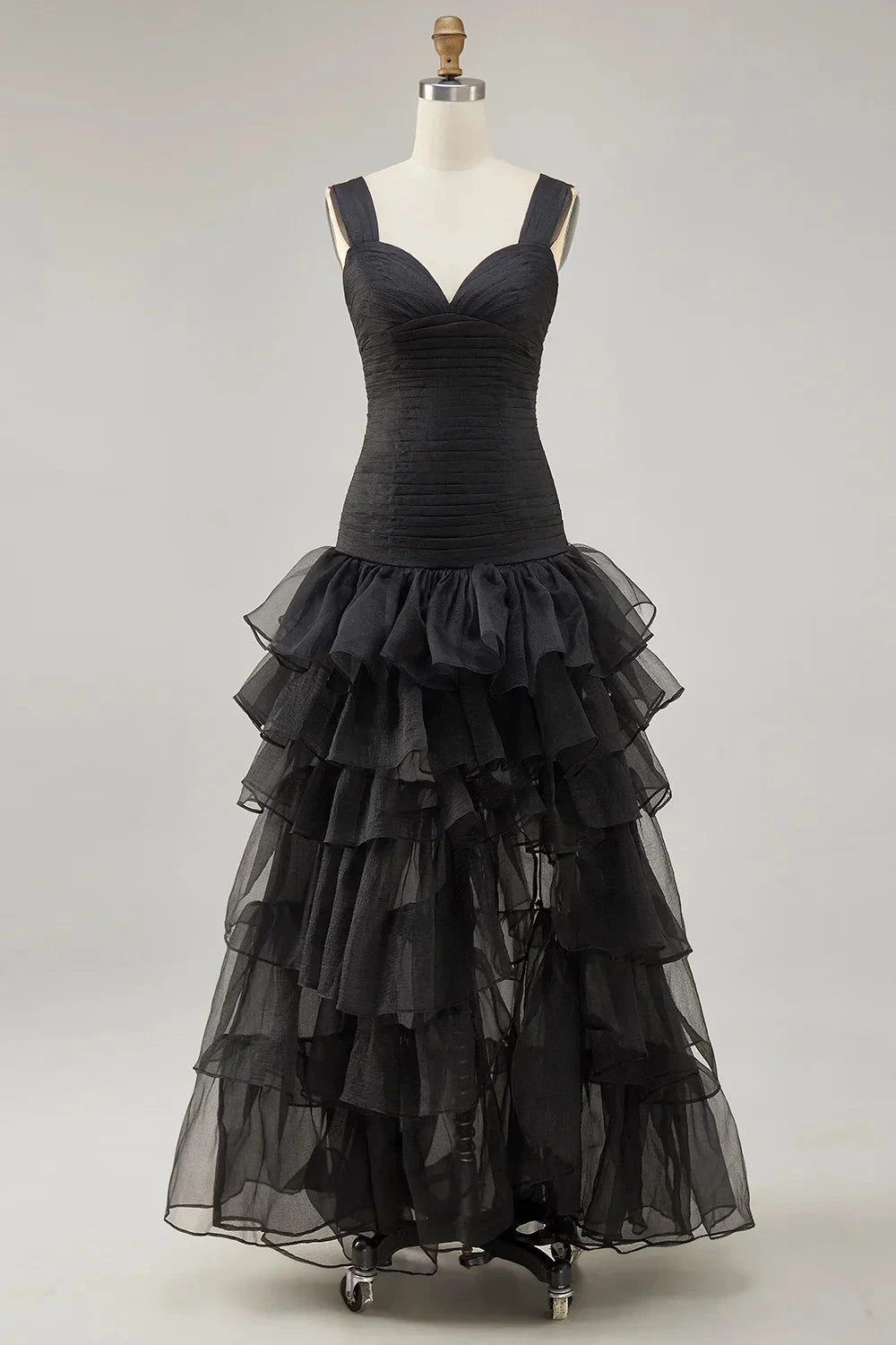 Elegant Dramatic Mermaid Sweetheart Neck Wide Strap Square Back Ruched Tiered Ruffle High-Low Organza Evening Dress by LANQI DRESS