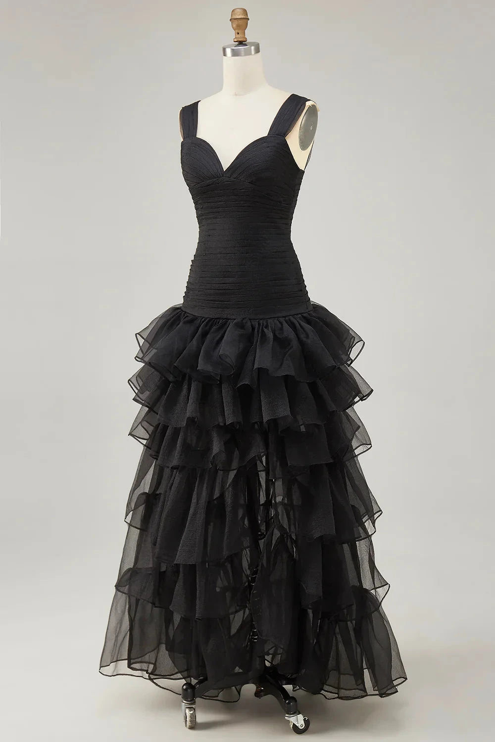 Elegant Dramatic Mermaid Sweetheart Neck Wide Strap Square Back Ruched Tiered Ruffle High-Low Organza Evening Dress by LANQI DRESS