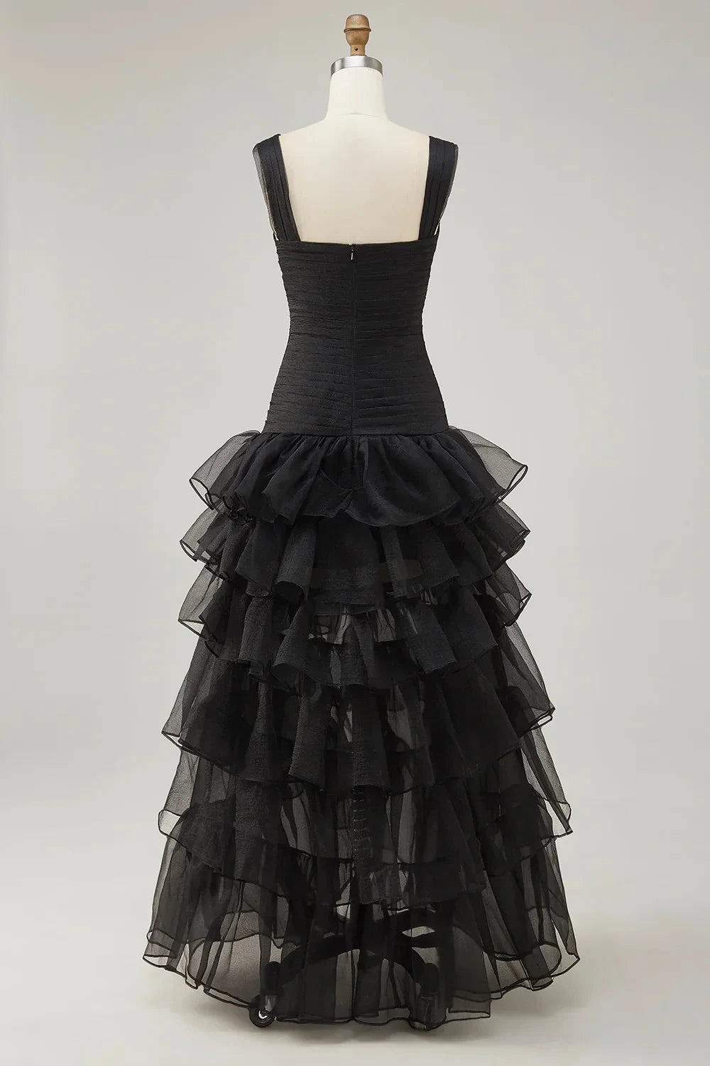 Elegant Dramatic Mermaid Sweetheart Neck Wide Strap Square Back Ruched Tiered Ruffle High-Low Organza Evening Dress by LANQI DRESS