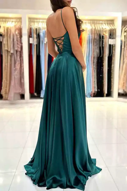 Elegant Emerald Green Satin A-Line Dress with Square Neck & Lace-Up Back