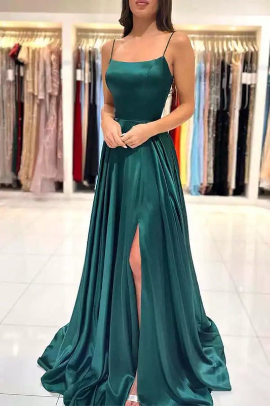 Elegant Emerald Green Satin A-Line Dress with Square Neck & Lace-Up Back