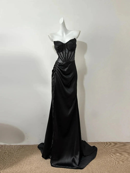 Elegant Exquisite Beaded Long Floor Length Satin Sequin Ball Gown Evening Gown Party Dress simple gentle atmospheric and unique desi Bring summer colors to enhance whiteness by YiHuiw