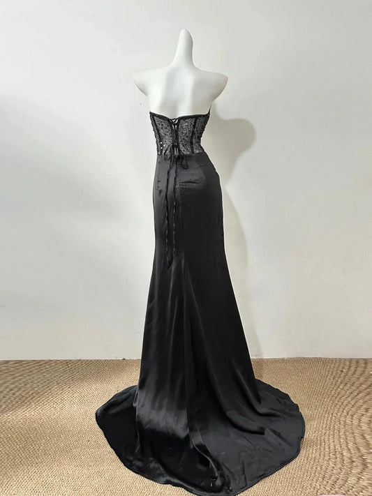 Elegant Exquisite Beaded Long Floor Length Satin Sequin Ball Gown Evening Gown Party Dress simple gentle atmospheric and unique desi Bring summer colors to enhance whiteness by YiHuiw