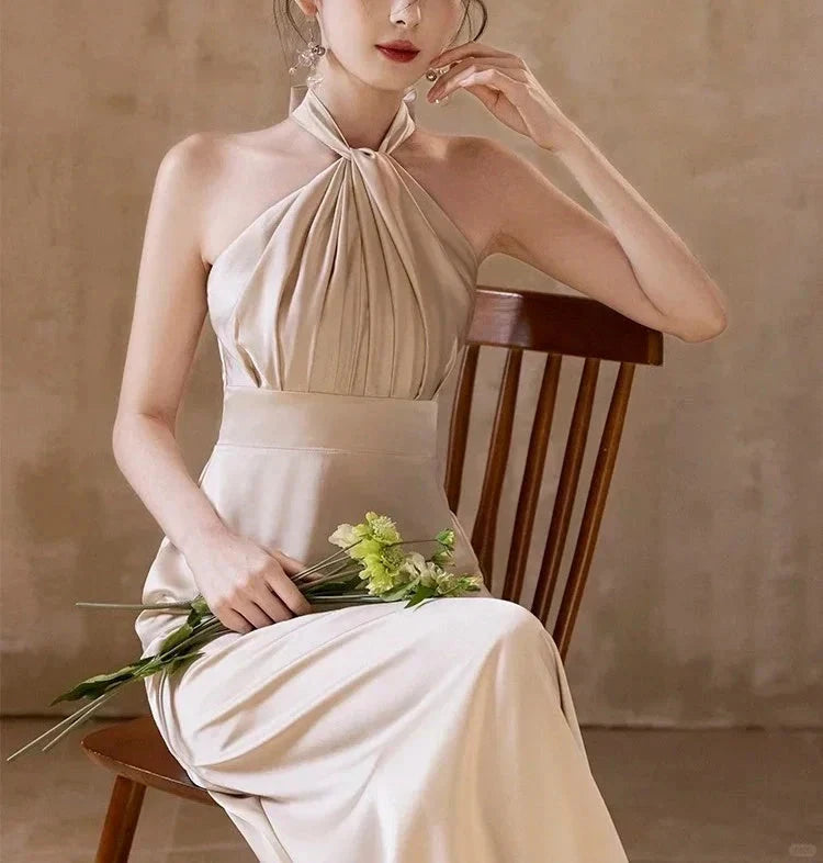 Elegant Fashion Long Satin Ball Gown Evening Dress Party simple gentle atmospheric and unique desi Bring summer colors to enhance whiteness by YiHuiw