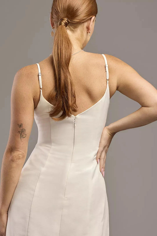 Elegant Fit-and-Flare Spaghetti-Strap Deep V-Neck Beaded Mini Wedding Dress by YiHuiw