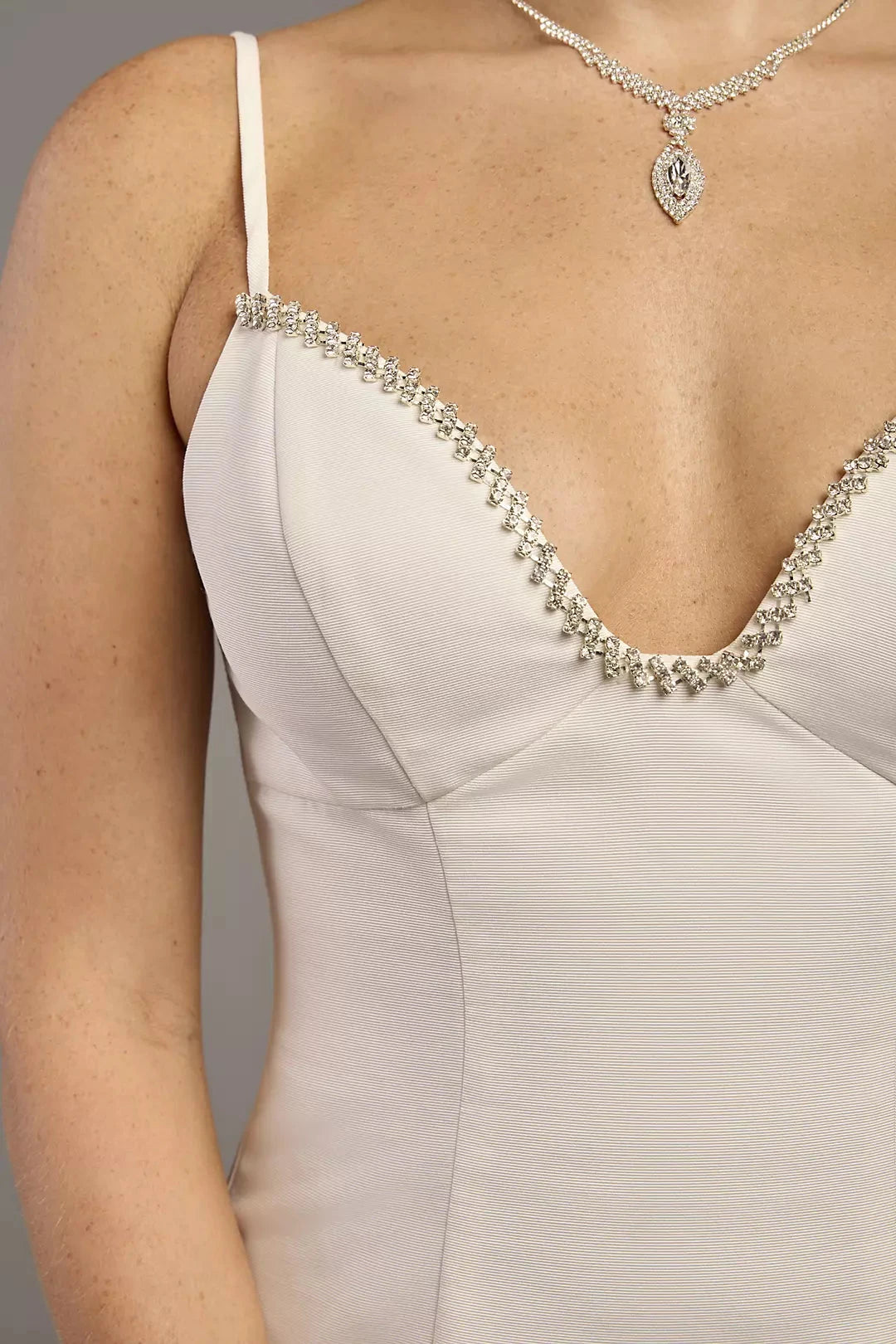 Elegant Fit-and-Flare Spaghetti-Strap Deep V-Neck Beaded Mini Wedding Dress by YiHuiw