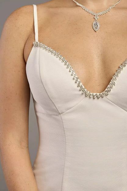 Elegant Fit-and-Flare Spaghetti-Strap Deep V-Neck Beaded Mini Wedding Dress by YiHuiw