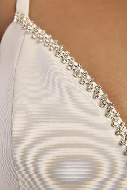 Elegant Fit-and-Flare Spaghetti-Strap Deep V-Neck Beaded Mini Wedding Dress by YiHuiw