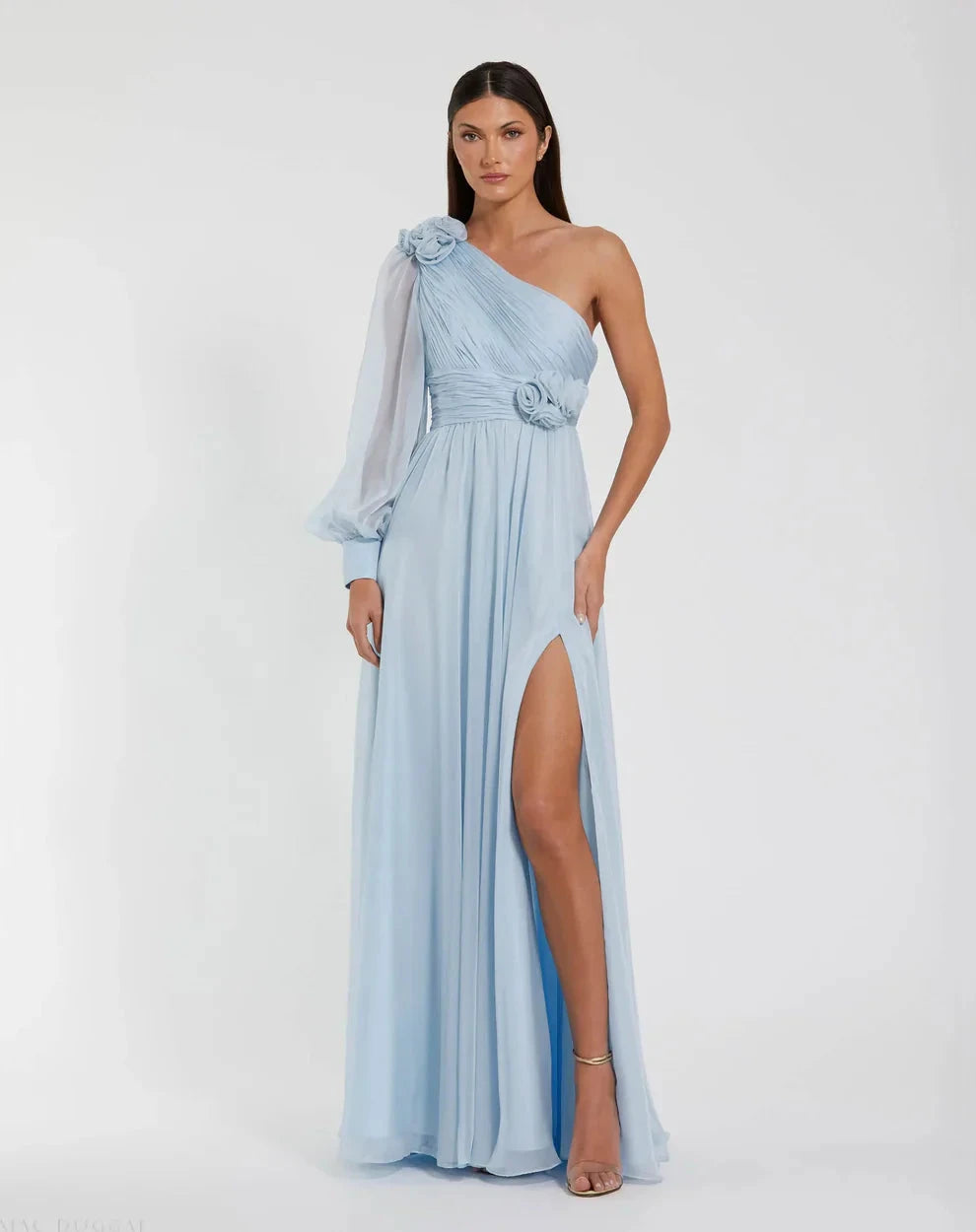 Elegant Flowy A-Line One-Shoulder Puff Sleeve Open Back Slit Maxi Evening Dress by LANQI DRESS