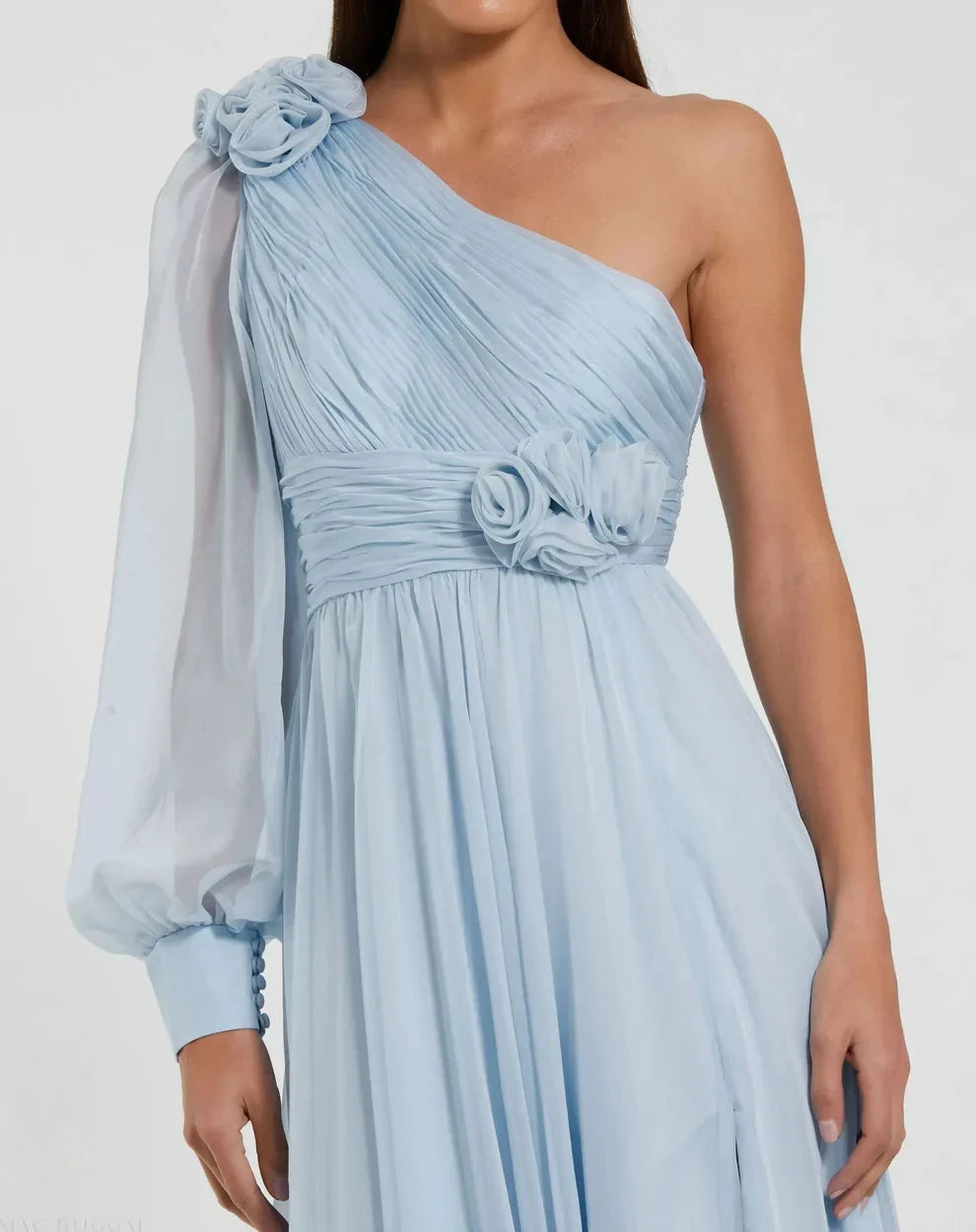Elegant Flowy A-Line One-Shoulder Puff Sleeve Open Back Slit Maxi Evening Dress by LANQI DRESS