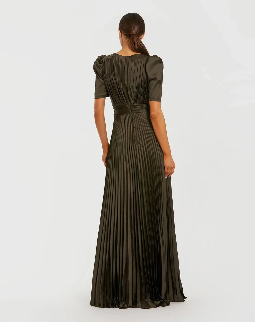 Elegant Flowy A-Line Round Neck Puff Short Sleeve Ruched Back Maxi Formal Evening Dress by LANQI DRESS
