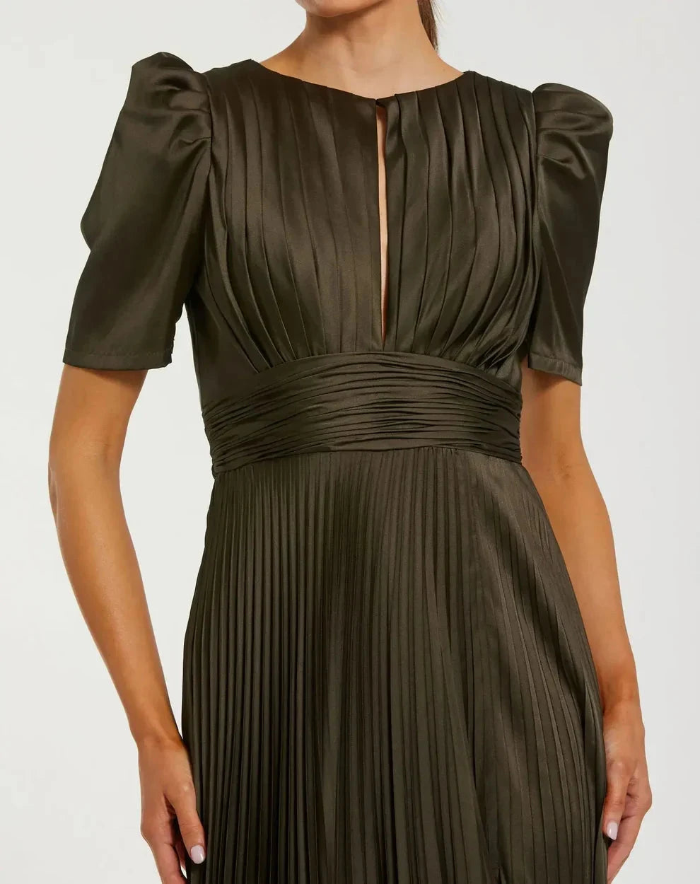 Elegant Flowy A-Line Round Neck Puff Short Sleeve Ruched Back Maxi Formal Evening Dress by LANQI DRESS