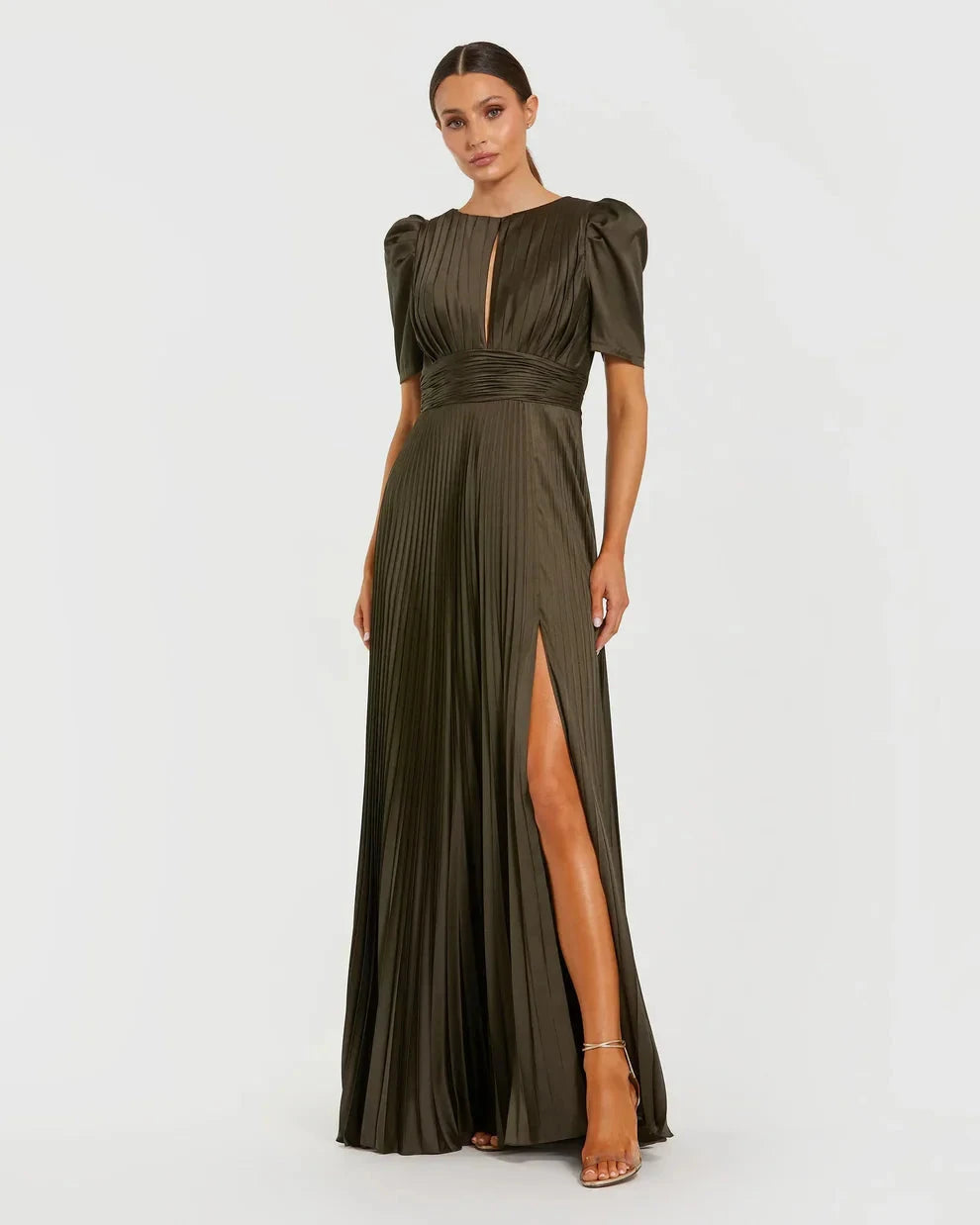 Elegant Flowy A-Line Round Neck Puff Short Sleeve Ruched Back Maxi Formal Evening Dress by LANQI DRESS